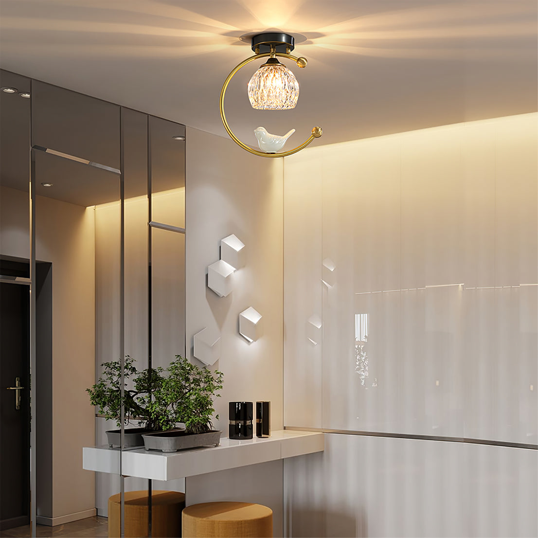 Modern Brass Ceiling Light with Glass Shade and Ceramic Bird Detail