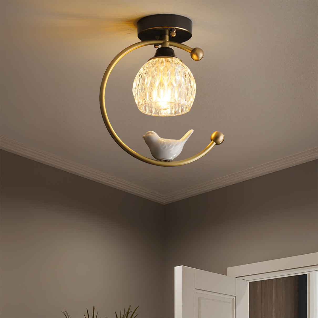 Modern Brass Ceiling Light with Glass Shade and Ceramic Bird Detail