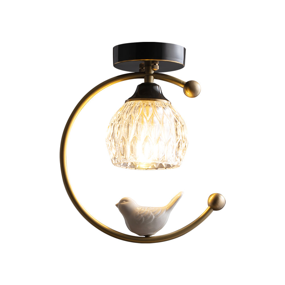 Modern Brass Ceiling Light with Glass Shade and Ceramic Bird Detail