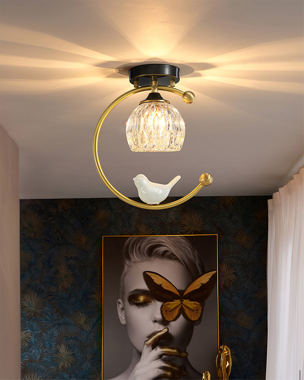 Modern Brass Ceiling Light with Glass Shade and Ceramic Bird Detail