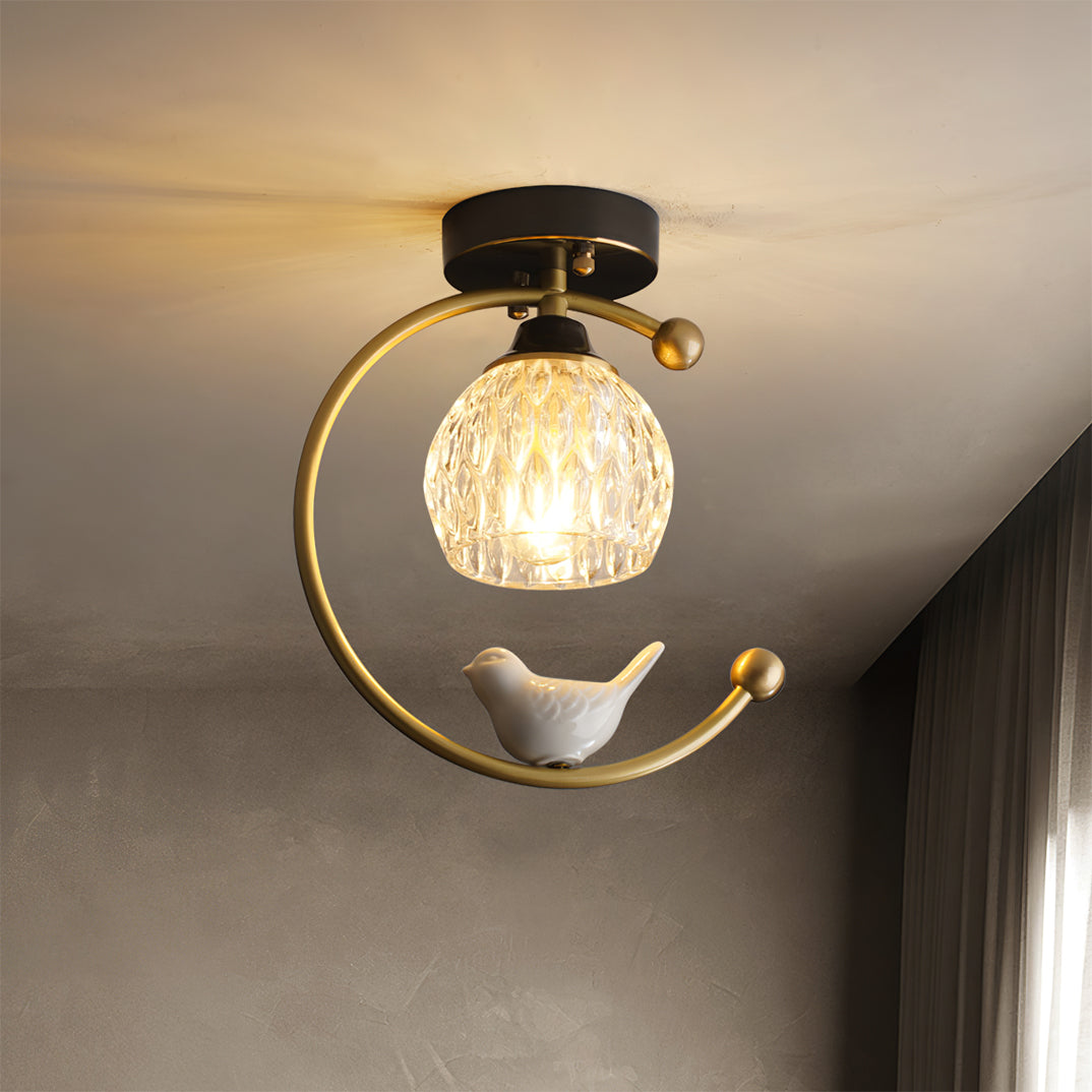 Modern Brass Ceiling Light with Glass Shade and Ceramic Bird Detail