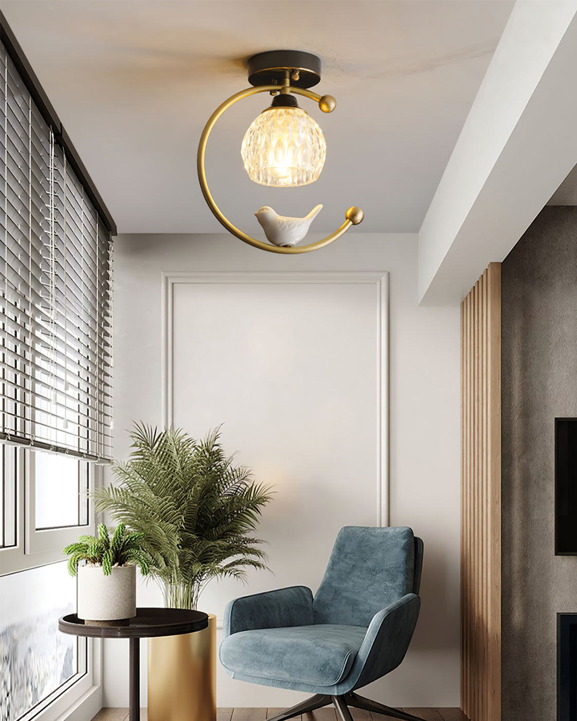 Modern Brass Ceiling Light with Glass Shade and Ceramic Bird Detail