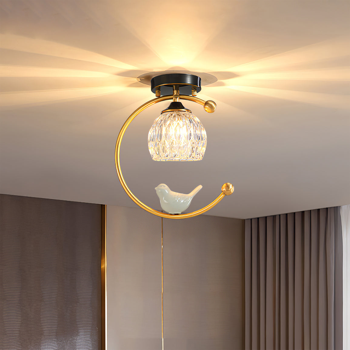 Modern Brass Ceiling Light with Glass Shade and Ceramic Bird Detail