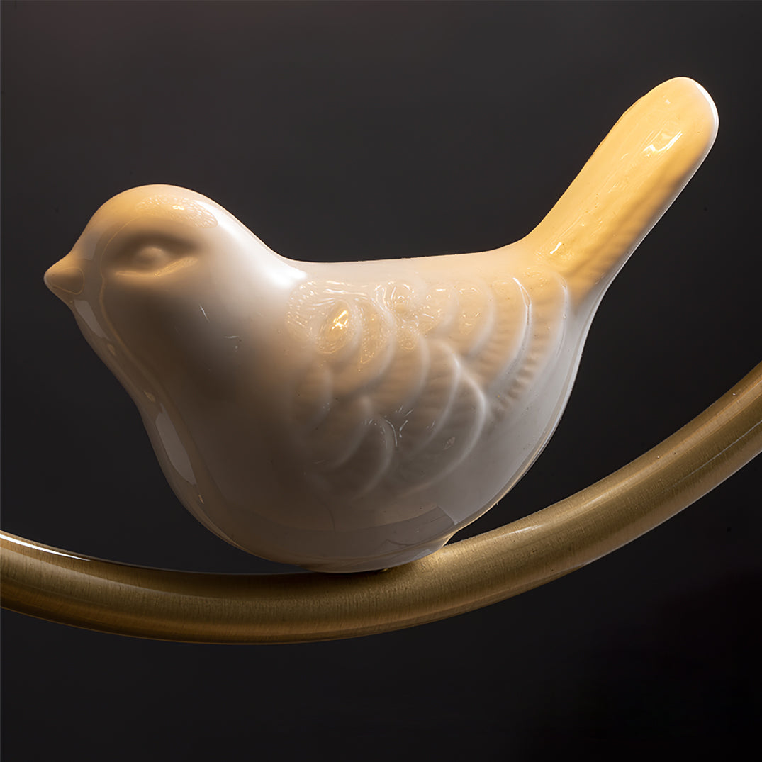 Modern Brass Ceiling Light with Glass Shade and Ceramic Bird Detail