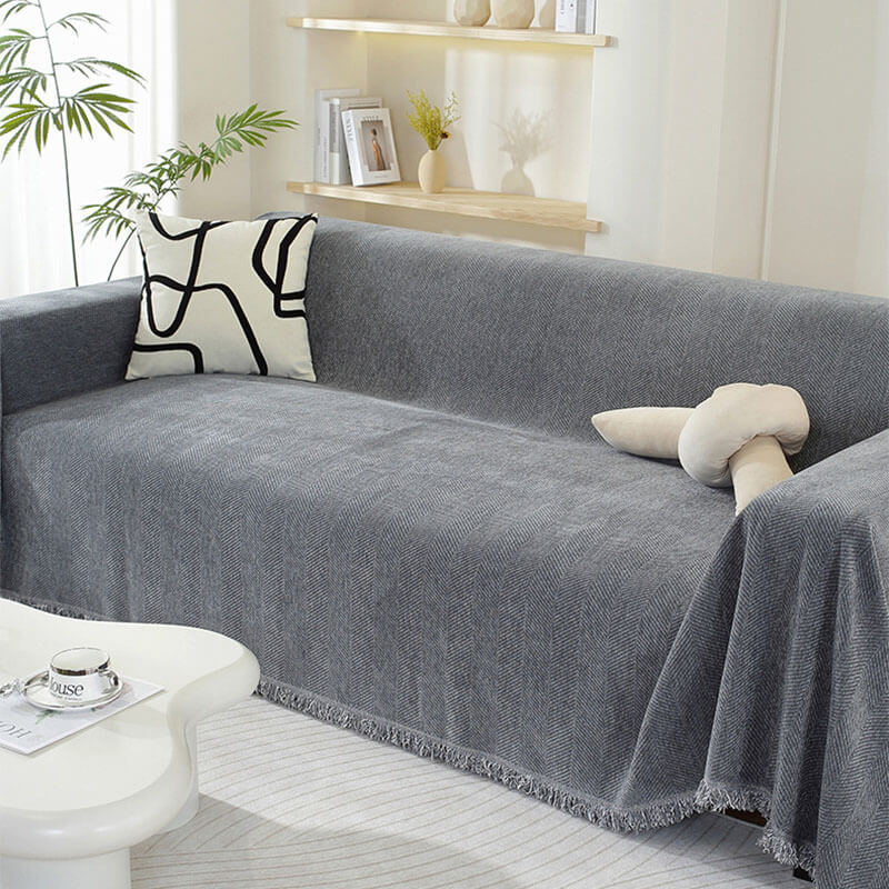Elegant Chenille Sofa Throw Soft Herringbone Blanket with Tassels