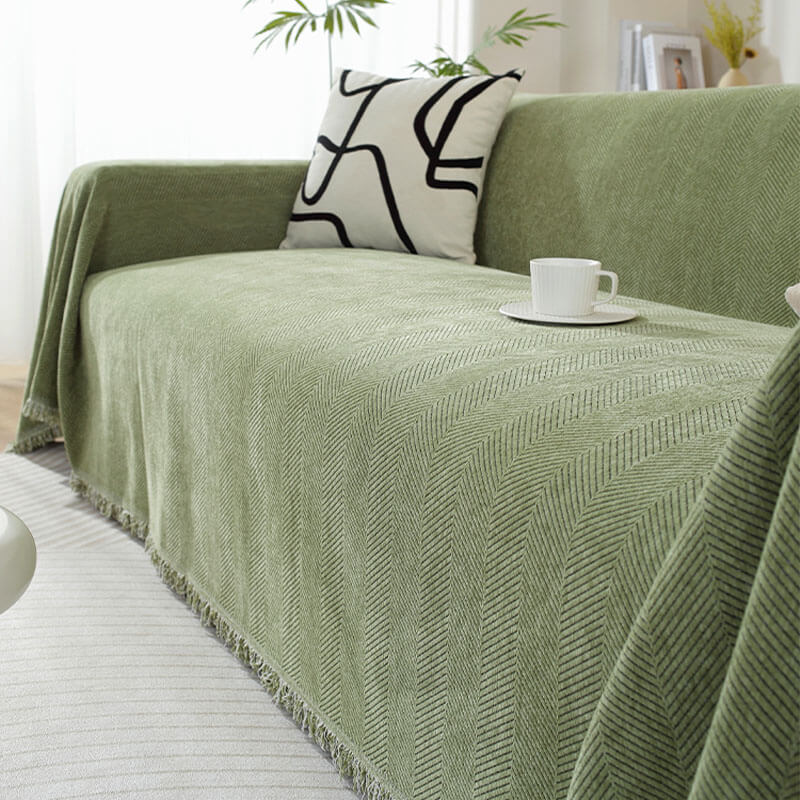 Elegant Chenille Sofa Throw Soft Herringbone Blanket with Tassels