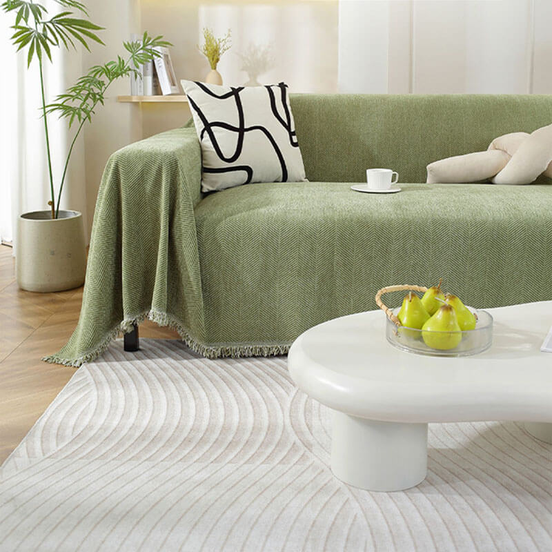 Elegant Chenille Sofa Throw Soft Herringbone Blanket with Tassels