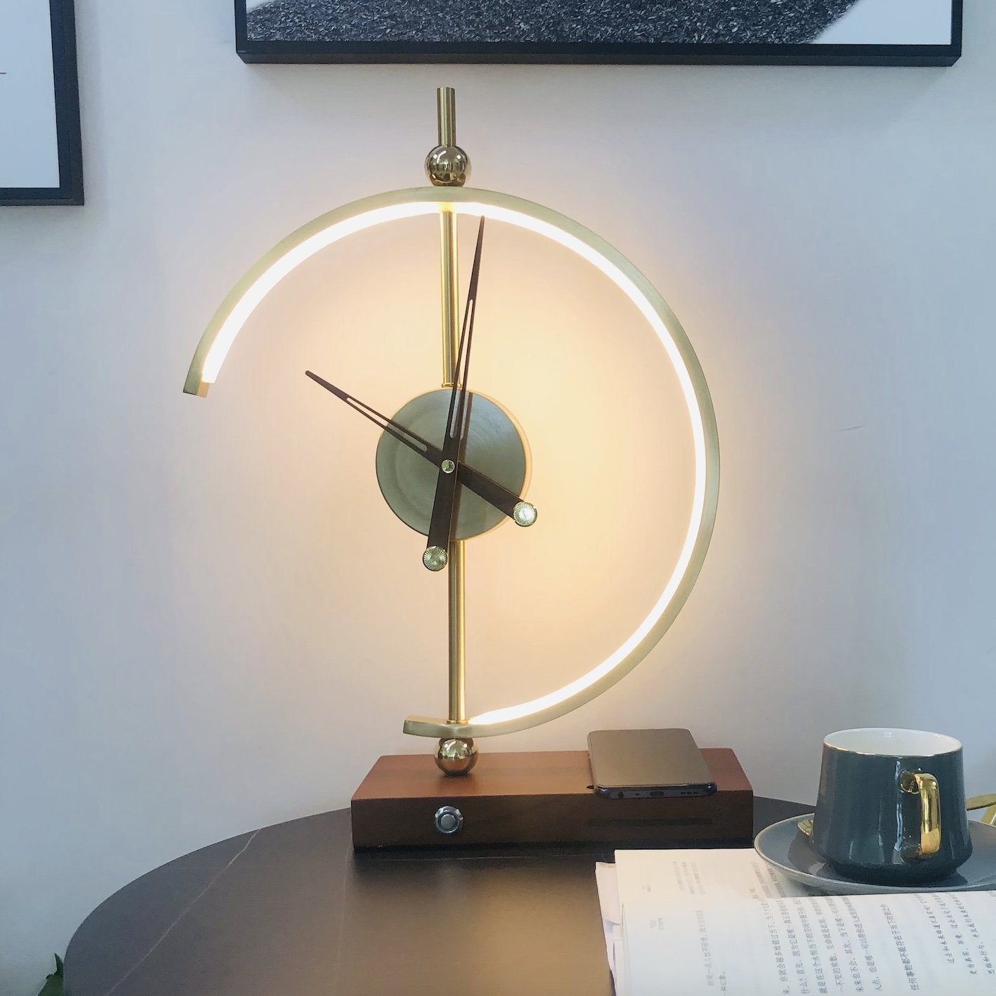 Modern Clock Desk Lamp with Wireless Charger in LED Light and Modern Design