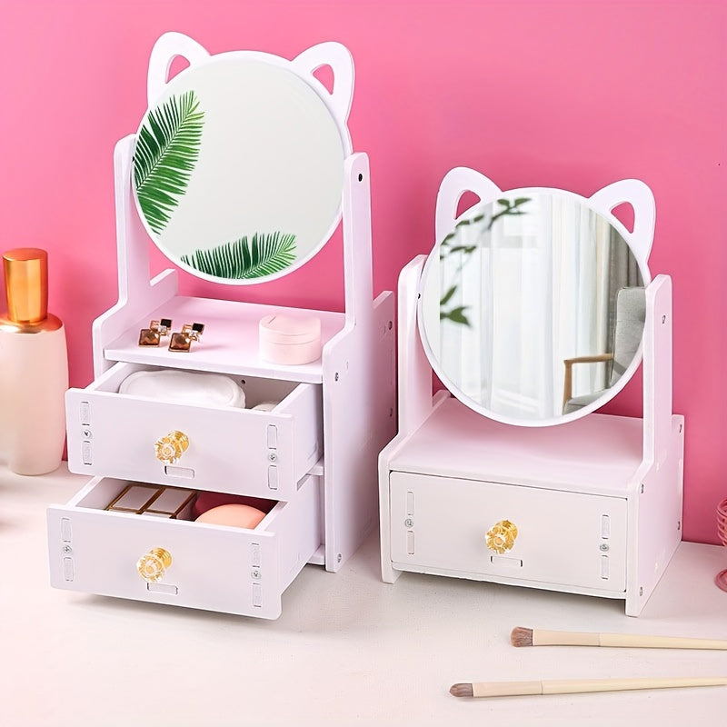 Cat Ear Vanity Mirror with Storage Rotating Tabletop Makeup & Jewelry