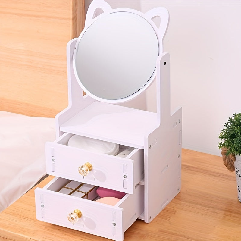 Cat Ear Vanity Mirror with Storage Rotating Tabletop Makeup & Jewelry