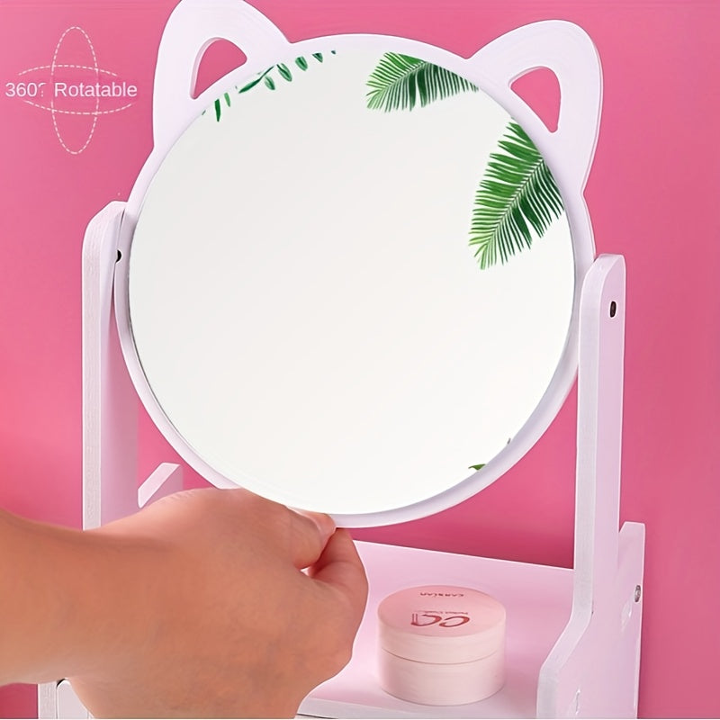 Cat Ear Vanity Mirror with Storage Rotating Tabletop Makeup & Jewelry