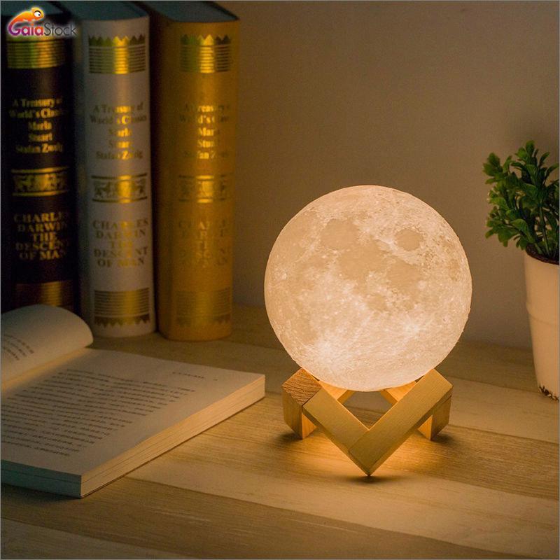 Rechargeable moon lamp with wooden stand