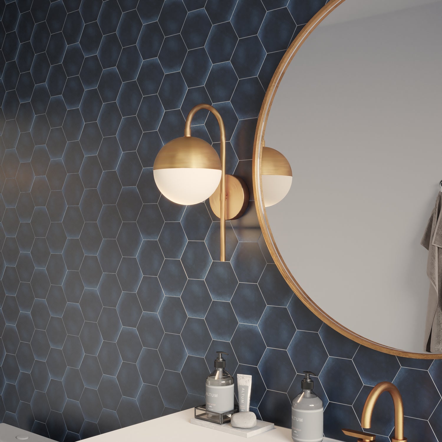 Wall lamp with curved brass frame and opal glass globe