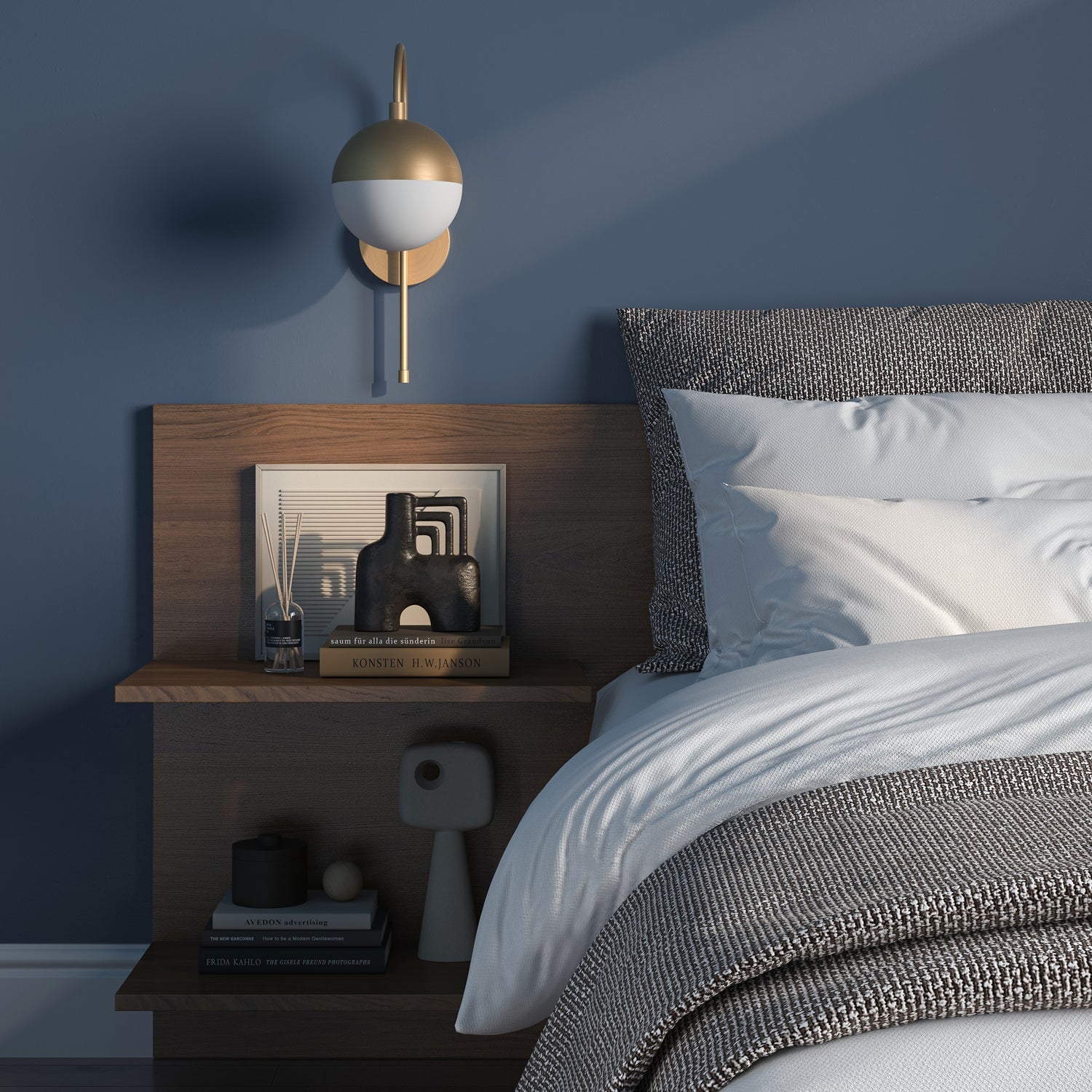 Wall lamp with curved brass frame and opal glass globe