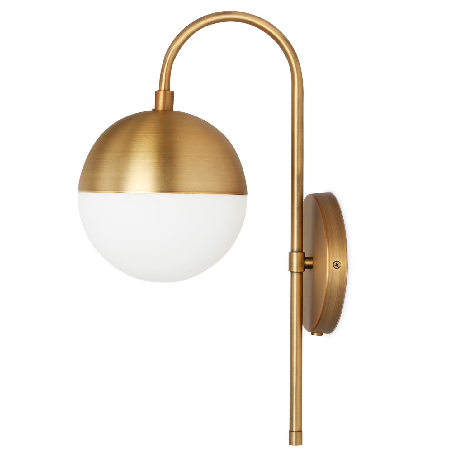 Wall lamp with curved brass frame and opal glass globe