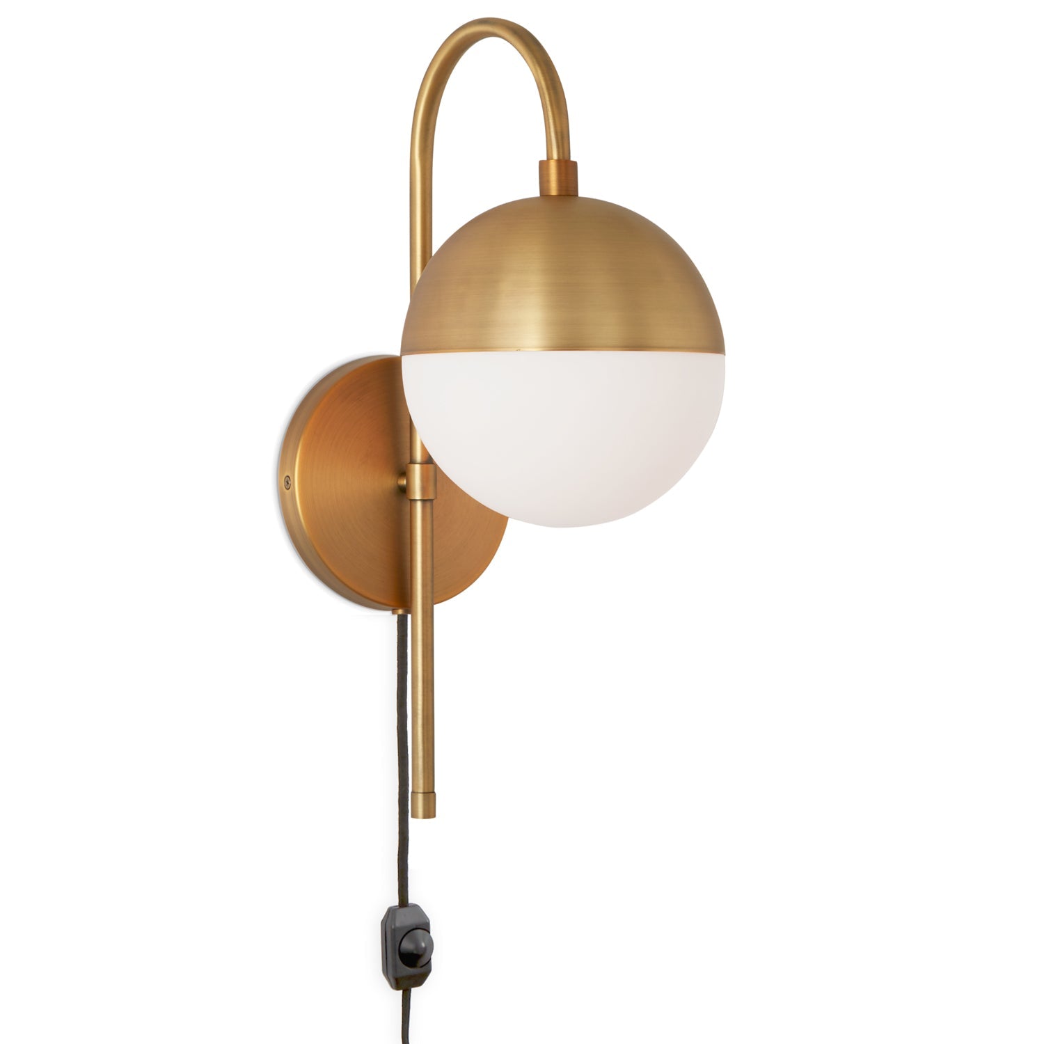 Wall lamp with curved brass frame and opal glass globe