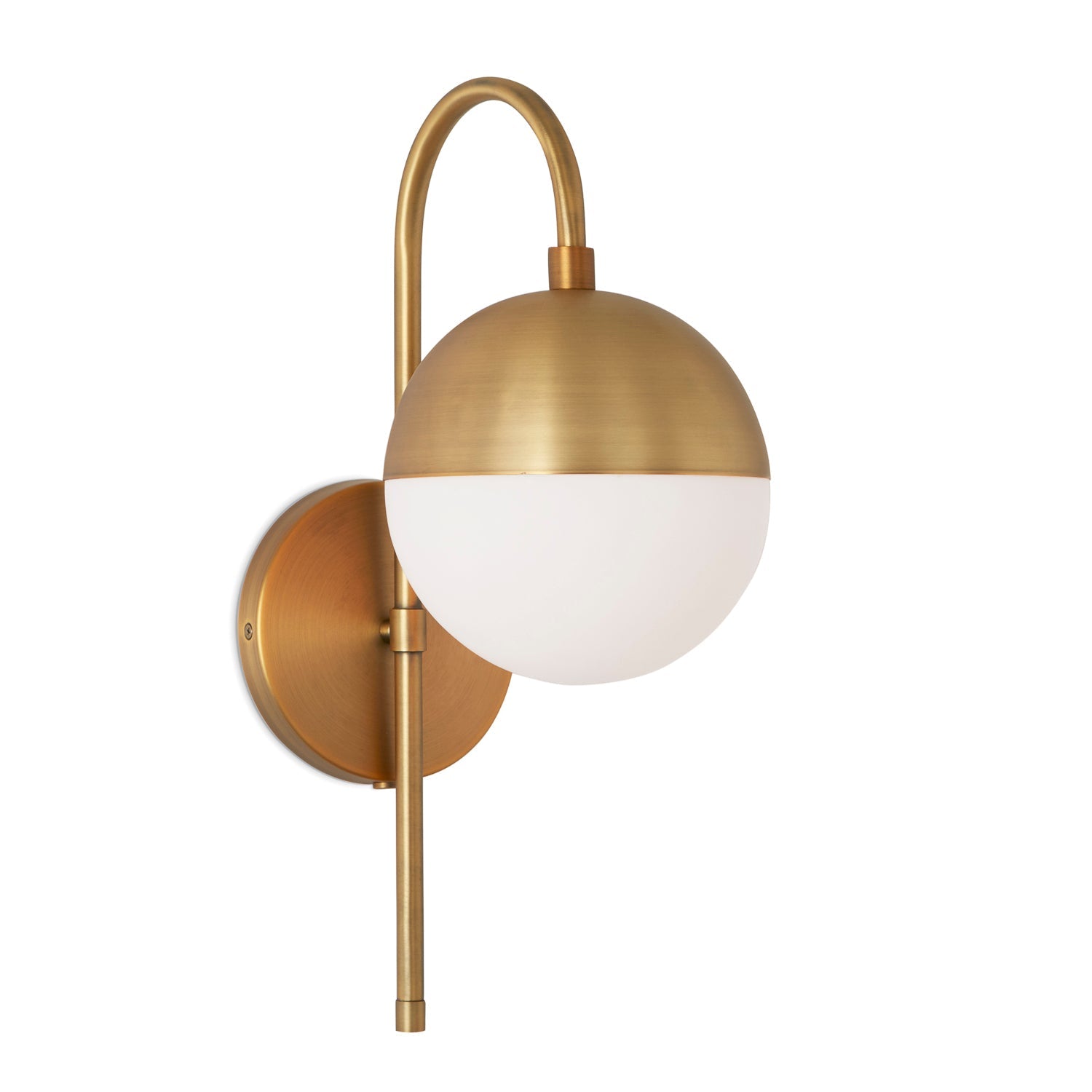 Wall lamp with curved brass frame and opal glass globe