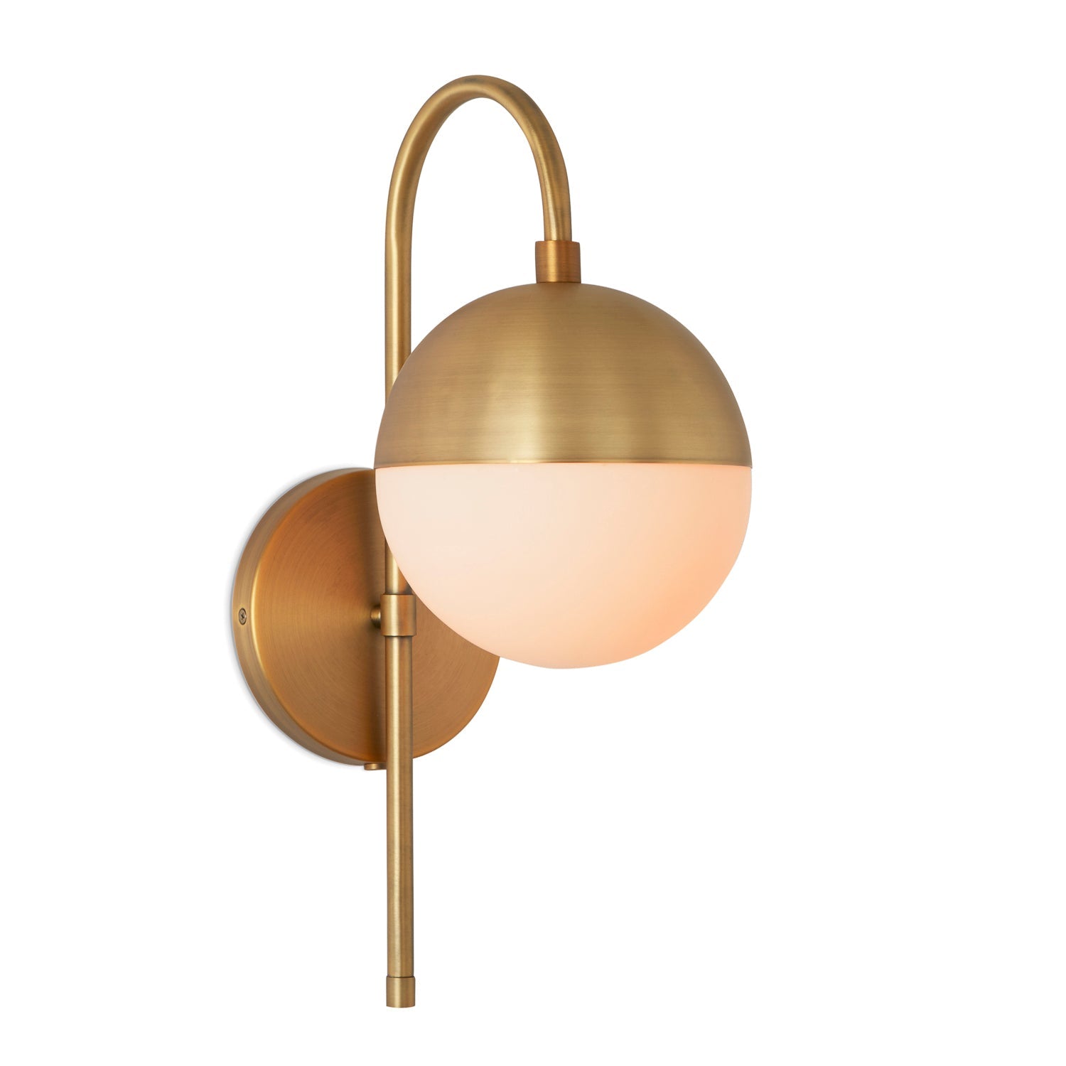 Wall lamp with curved brass frame and opal glass globe