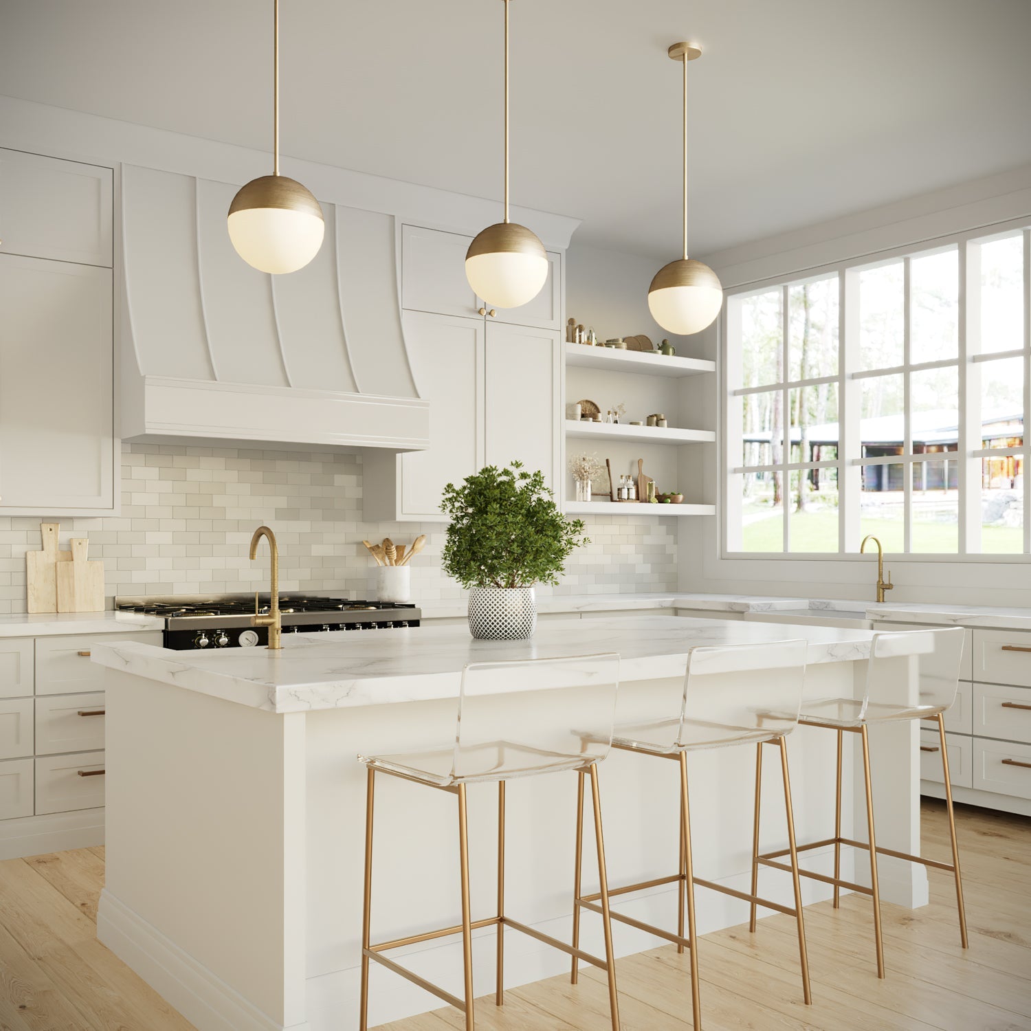 Pendant lamp with glass globe and brass shade
