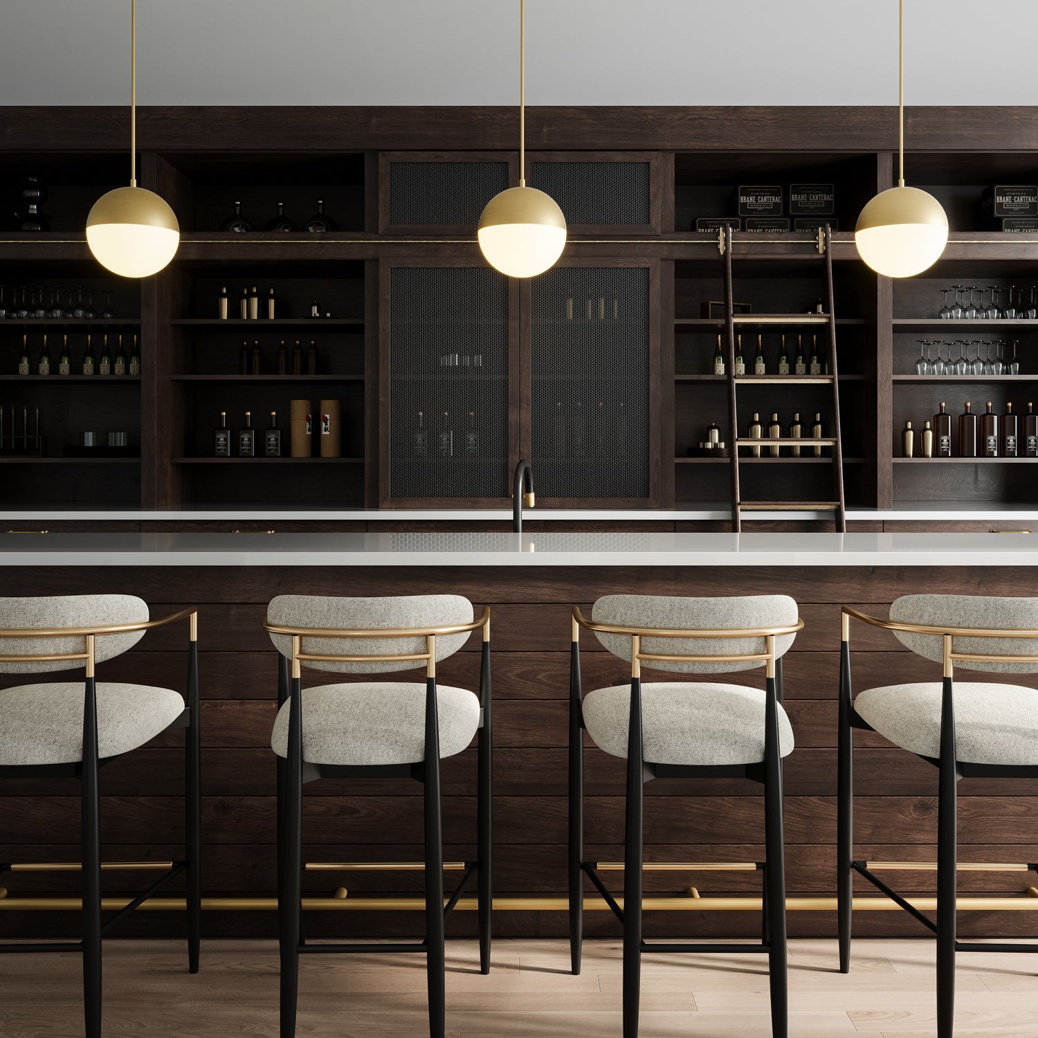 Pendant lamp with glass globe and brass shade