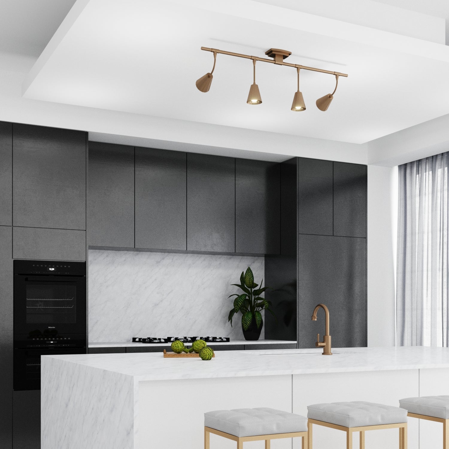 Brushed brass ceiling spotlight with four adjustable light heads