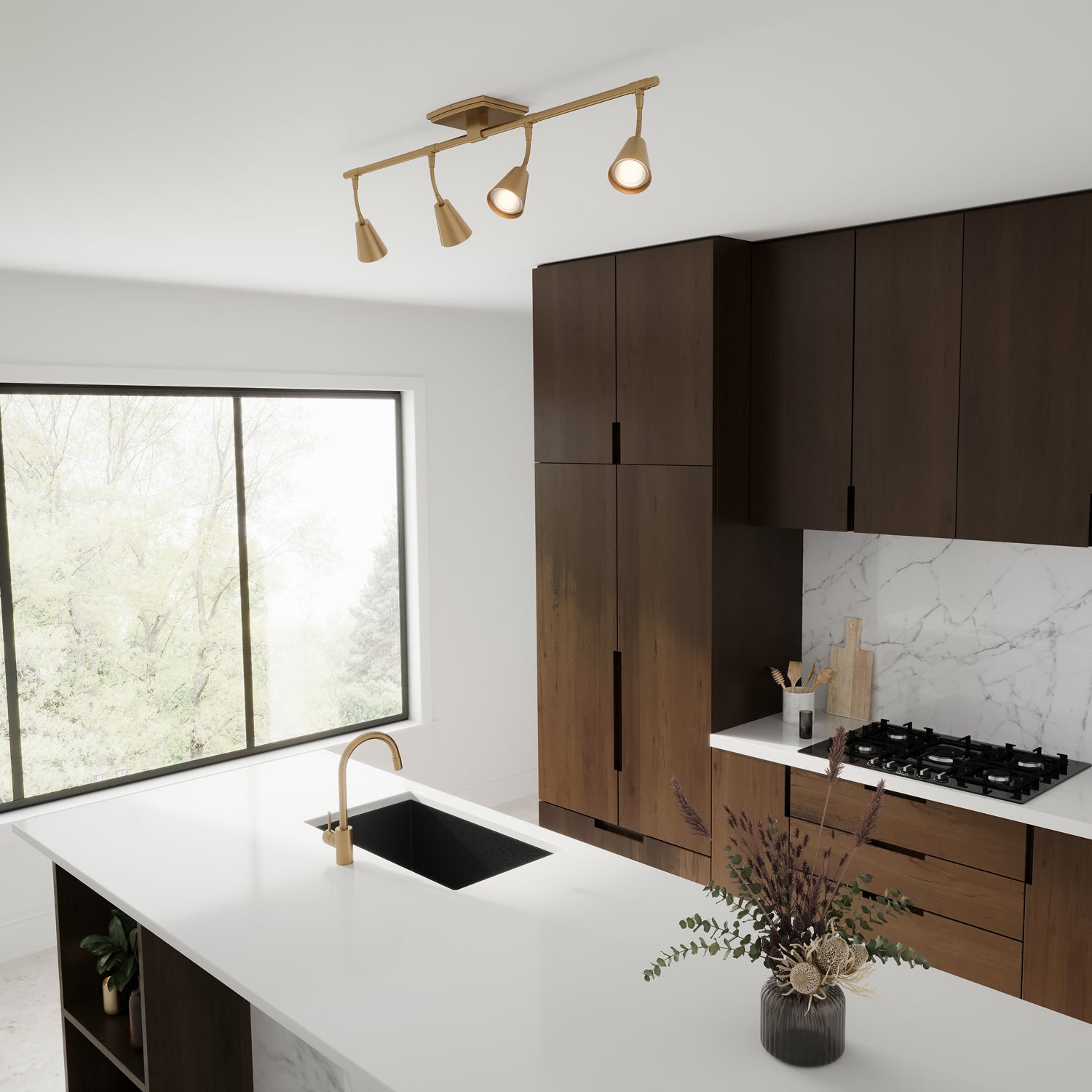 Brushed brass ceiling spotlight with four adjustable light heads