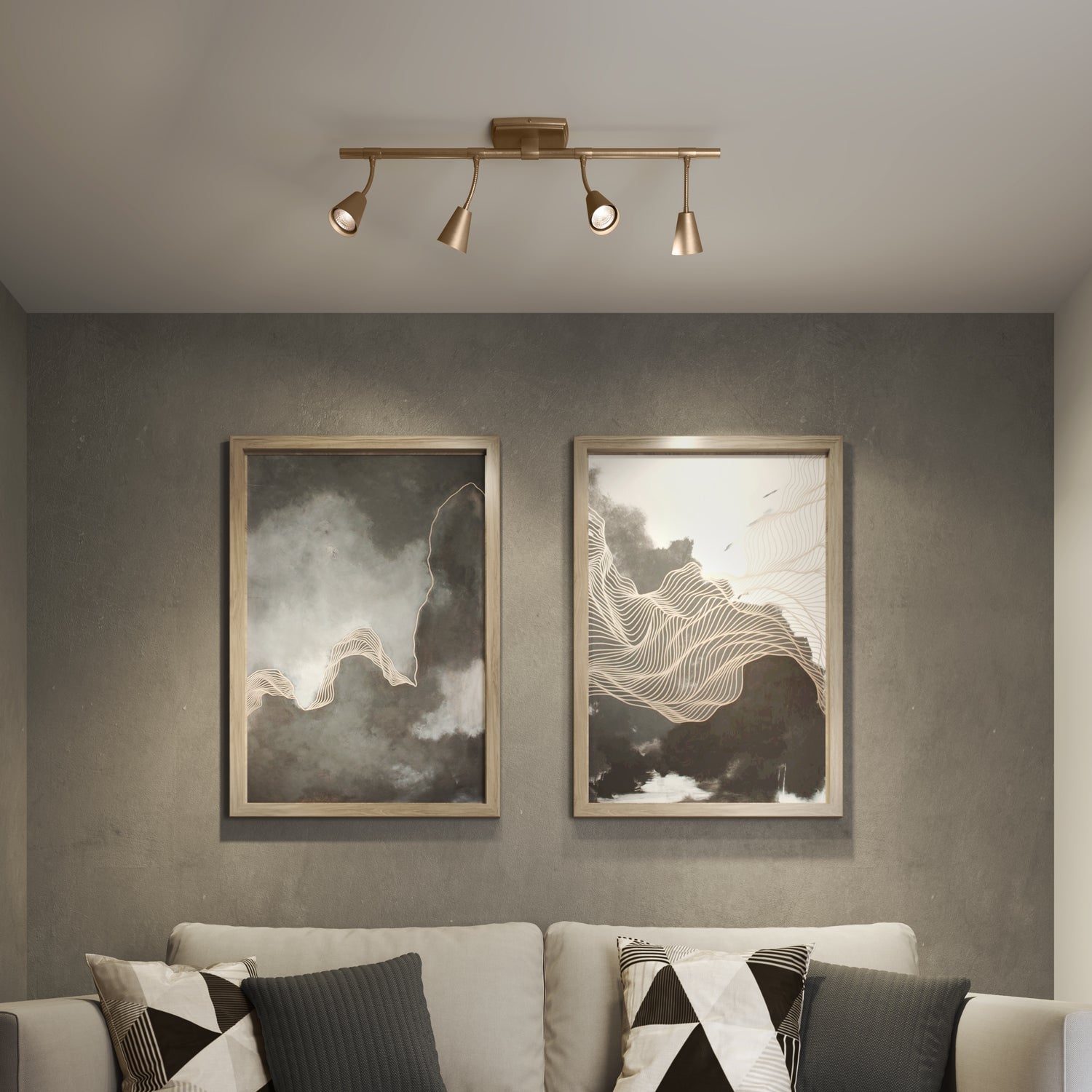 Brushed brass ceiling spotlight with four adjustable light heads