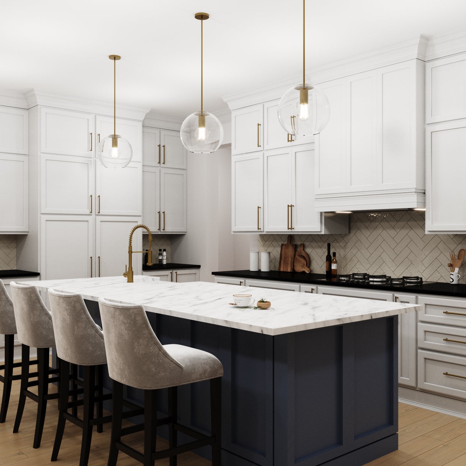 Pendant lamp with glass globe and brass-colored fitting