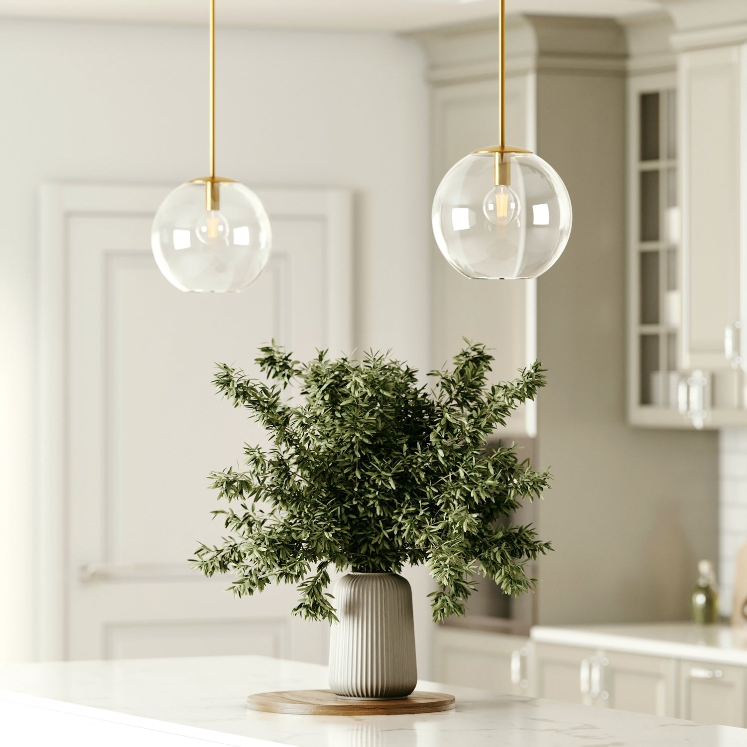 Pendant lamp with glass globe and brass-colored fitting