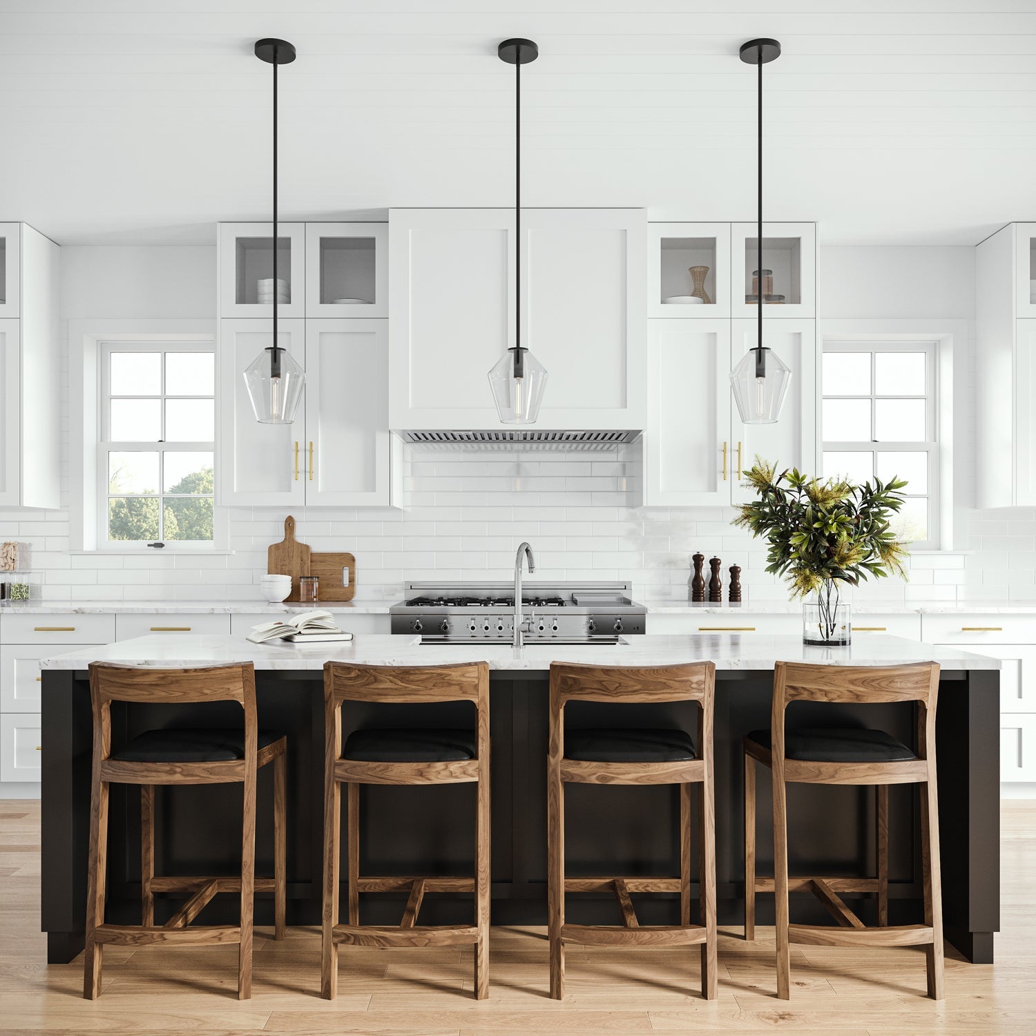 Pendant lamp with diamond-shaped glass shade and black finish