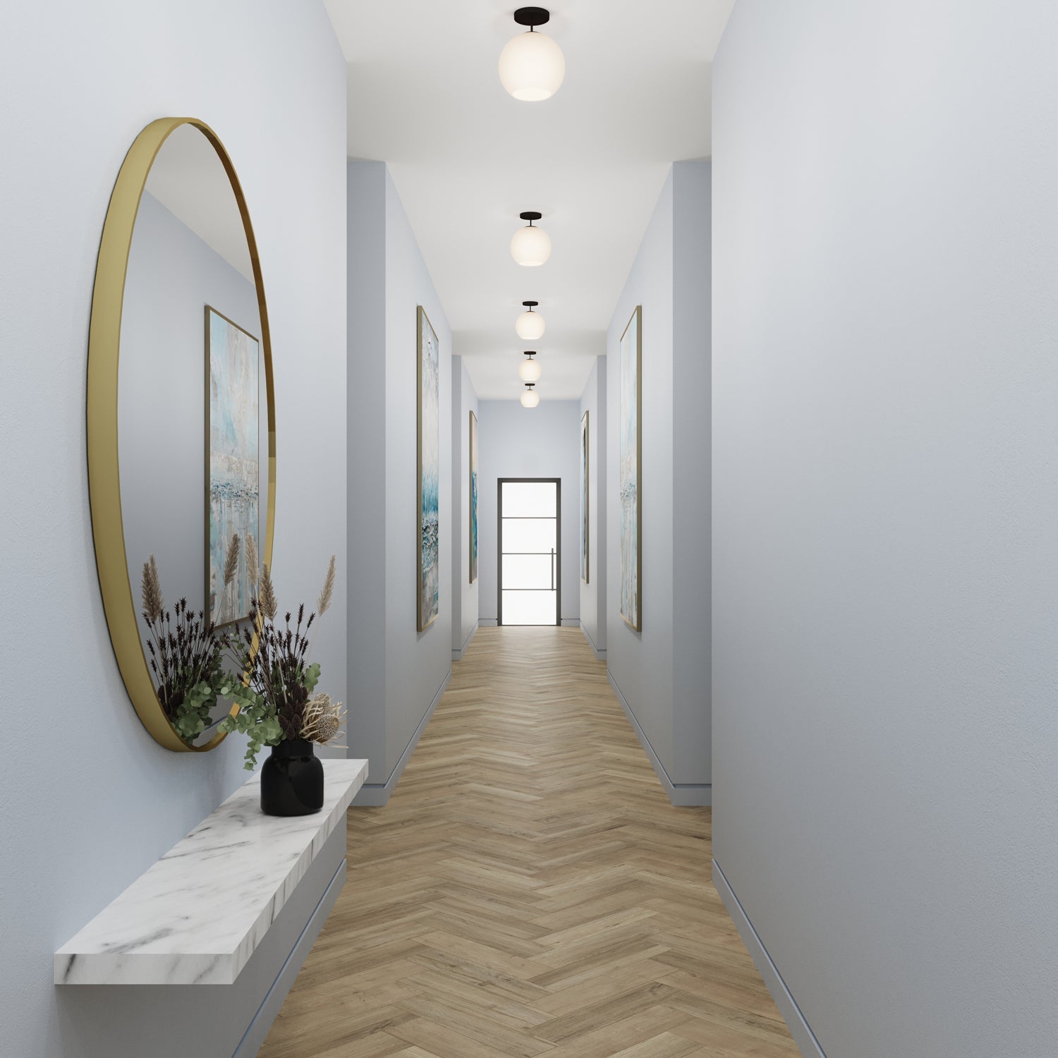 Ceiling lamp with opal glass globe and black frame