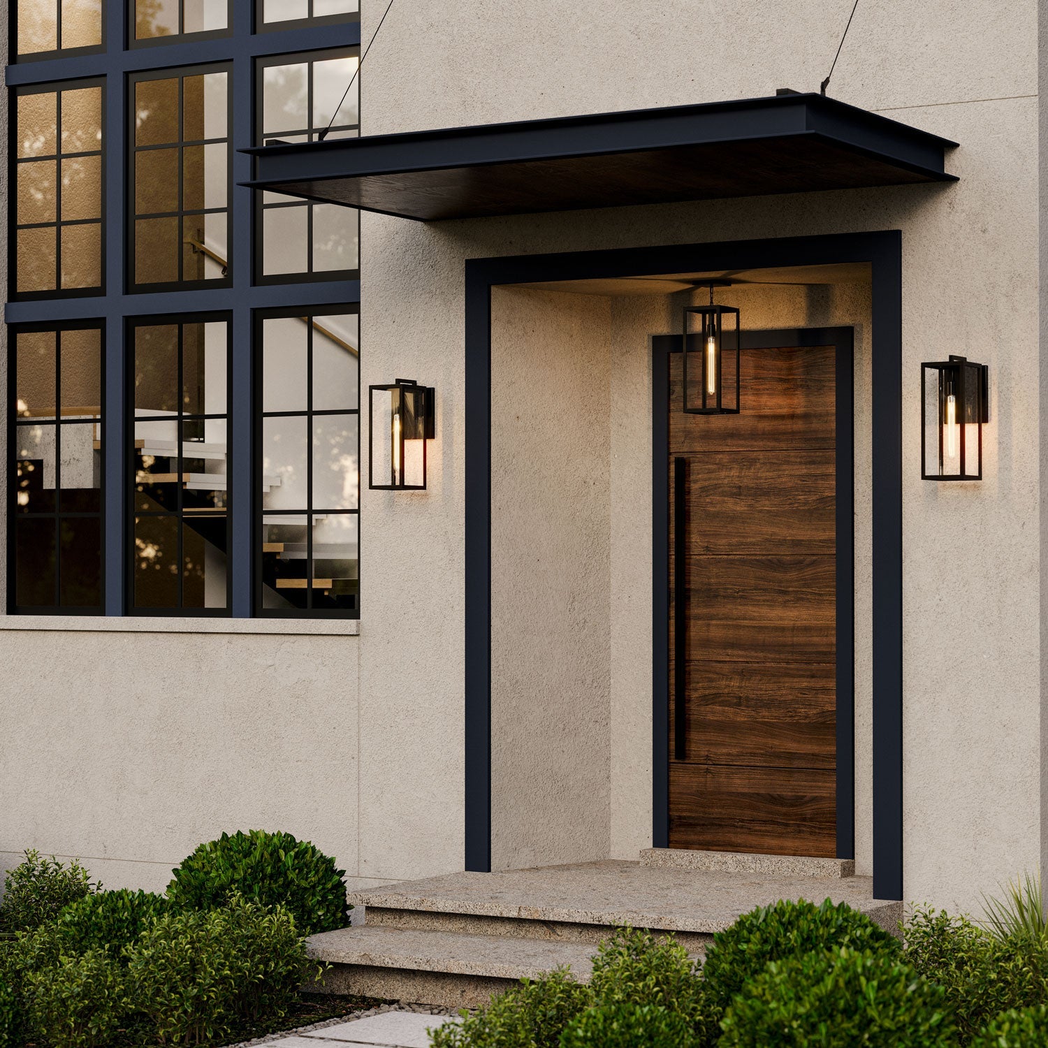 Wall lamp with glass panels and black metal frame