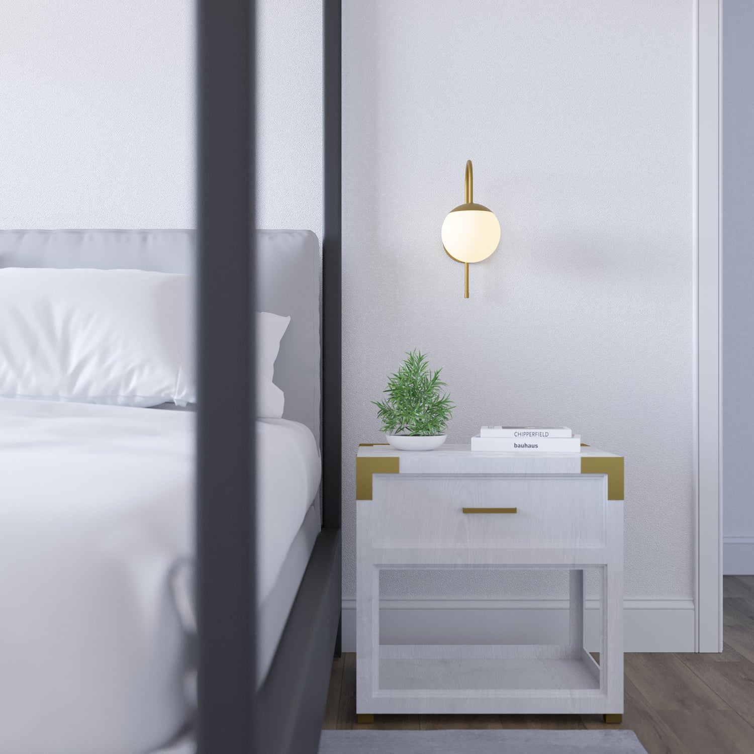 Wall lamp with curved arm and frosted glass globe