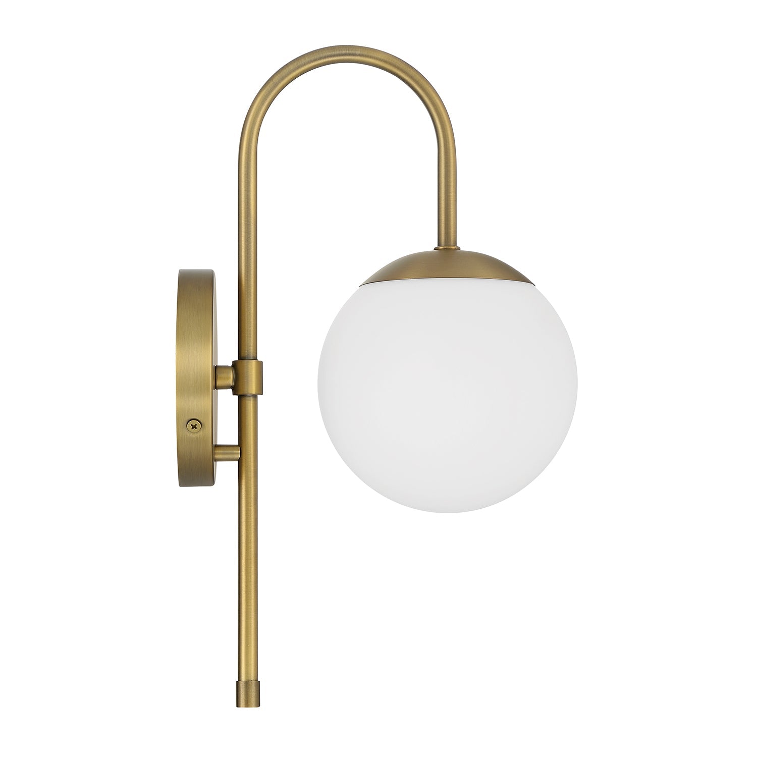 Wall lamp with curved arm and frosted glass globe
