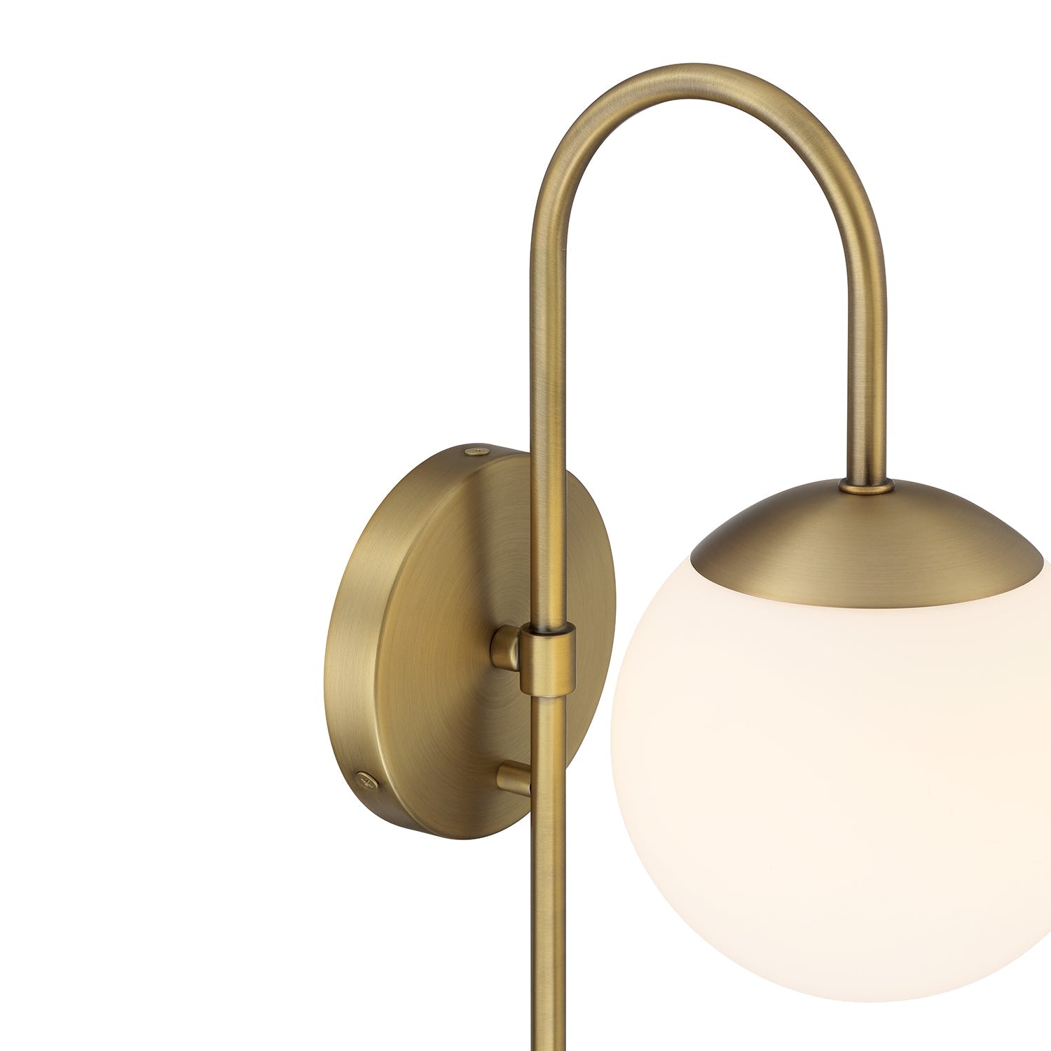 Wall lamp with curved arm and frosted glass globe