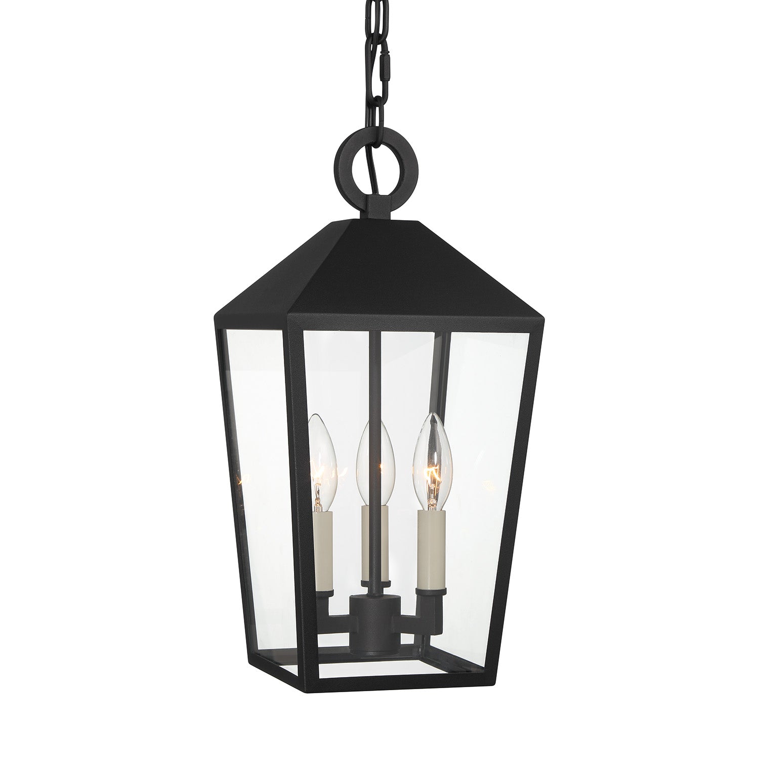 Pendant lamp for outdoor use with lantern shape and chain suspension