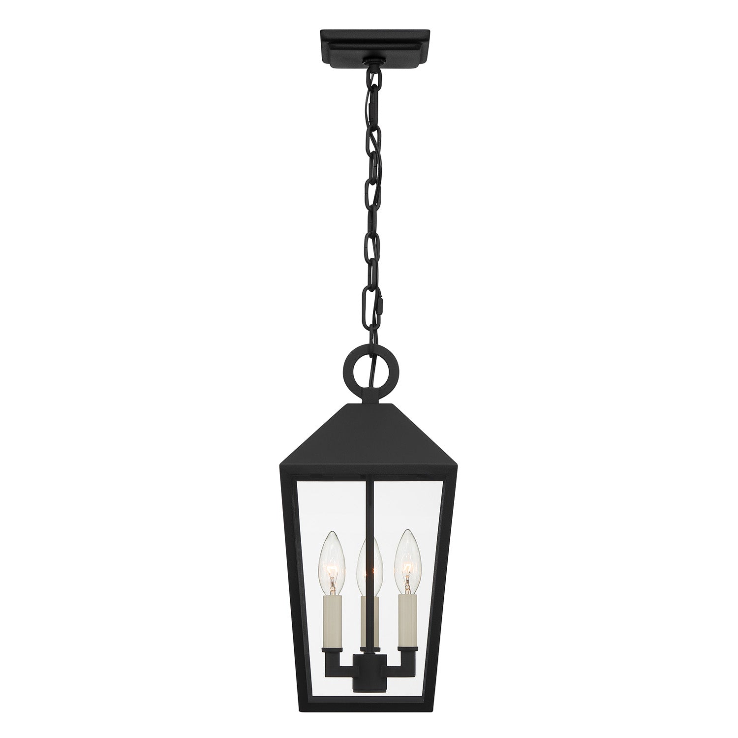 Pendant lamp for outdoor use with lantern shape and chain suspension