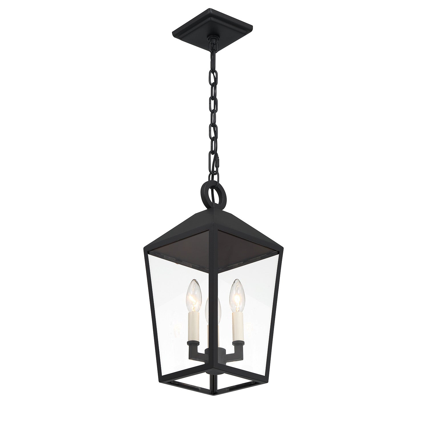 Pendant lamp for outdoor use with lantern shape and chain suspension