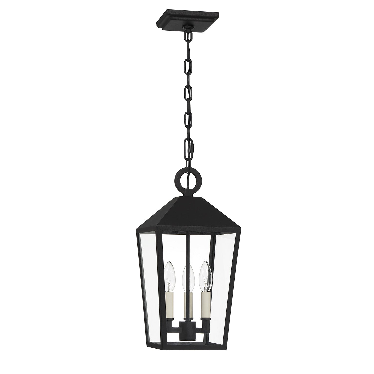 Pendant lamp for outdoor use with lantern shape and chain suspension
