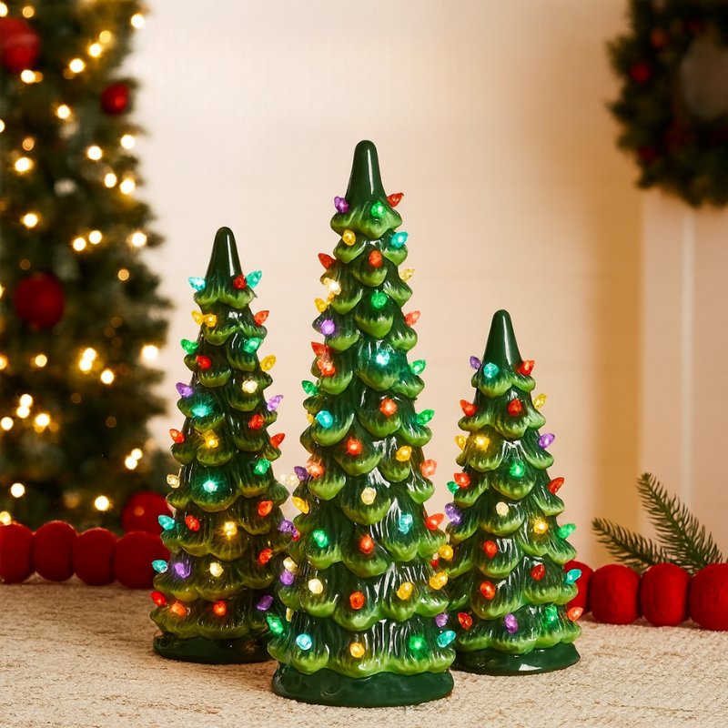Hand-Painted LED Christmas Tree Set with Warm Glow and Auto Timer