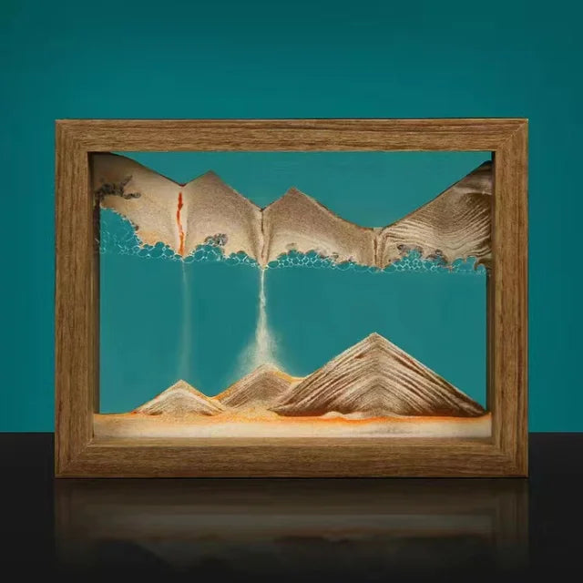 Gyroscopic wooden rotating frame with moving sand landscape