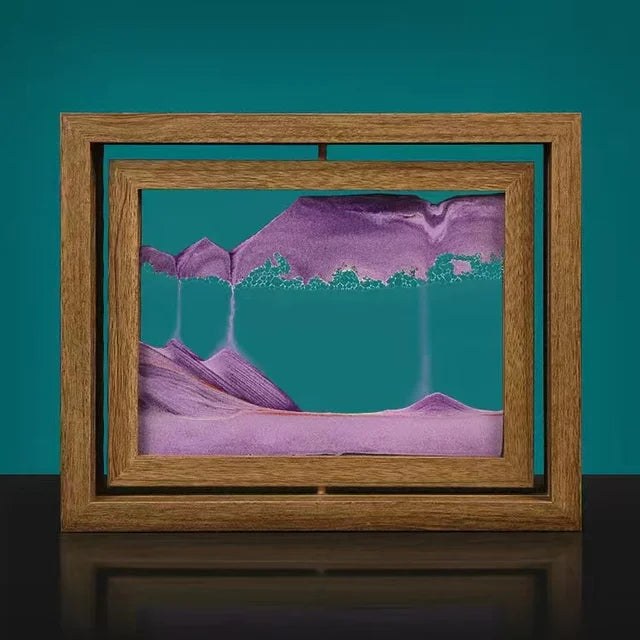 Gyroscopic wooden rotating frame with moving sand landscape