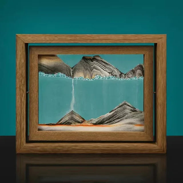 Gyroscopic wooden rotating frame with moving sand landscape