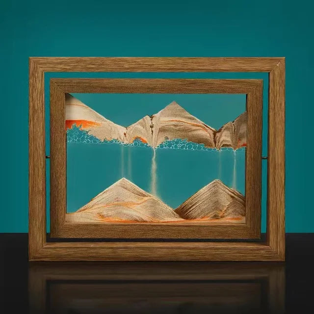 Gyroscopic wooden rotating frame with moving sand landscape