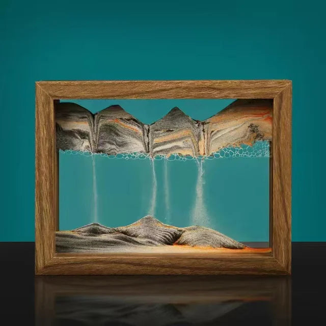 Gyroscopic wooden rotating frame with moving sand landscape