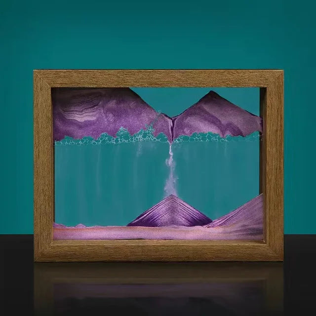Gyroscopic wooden rotating frame with moving sand landscape