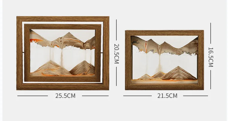 Gyroscopic wooden rotating frame with moving sand landscape
