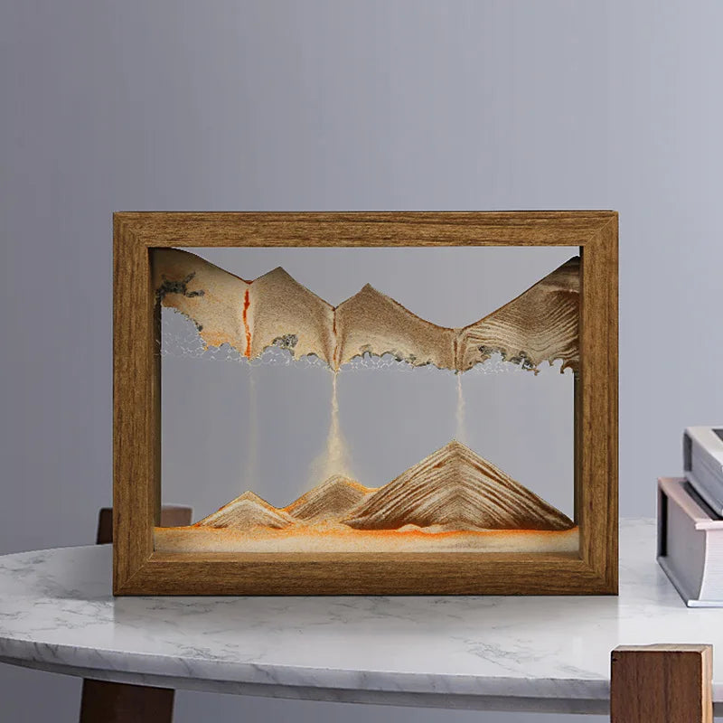 Gyroscopic wooden rotating frame with moving sand landscape