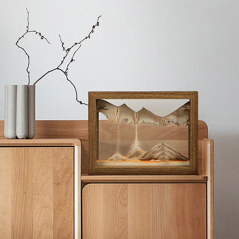 Gyroscopic wooden rotating frame with moving sand landscape