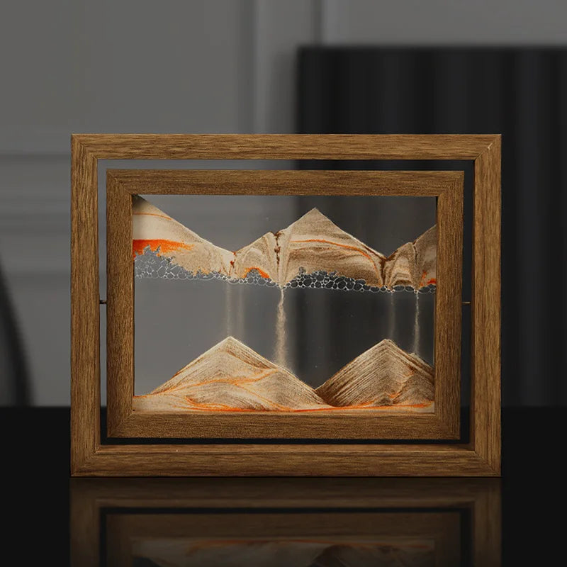 Gyroscopic wooden rotating frame with moving sand landscape